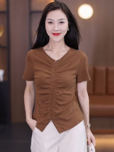 Slim Fit Short Sleeve T-Shirt Womens Summer New Style Zipper Design Thin Age Reduction Top Korean Version V-neck Pure Color