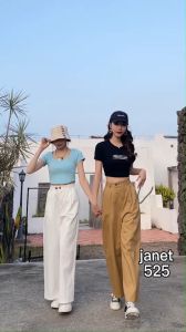 กางเกางแฟชั่นสไตล์เกาหลี ทรงกระบอก เอวสม็อค ดีแทล กระเป๋าข้าง กระดูมหน้า 1 เม็ค ผ้าทิ้งตัว ใส่สบาย freesize 525