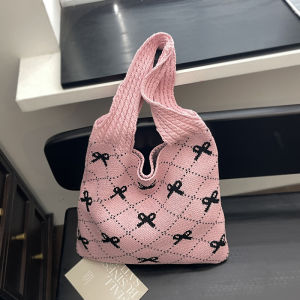 Large Capacity Woven Tote Bag Womens Shoulder Bag Commuting And Class Ins Style 2024 New Cotton Fabric Bag with Butterfly Knot