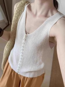 Korean Style Slimming V-Neck Single Button Ice Silk Knitted Tube Top Women Summer Outerwear Sleeveless Vest Fashionable Simple Design