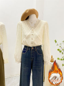 เสื้อเชิ้ตคอวีลูกไม้ปักลายแขนโคมไฟหนาสำหรับผู้หญิงในฤดูใบไม้ร่วงและฤดูหนาว เสื้อเชิ้ตทรงหลวมสไตล์เกาหลีแบบลำลอง