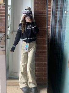 High Waist Wide Leg Khaki Bell Bottom Workwear Pants Women Loose Fit Slimming Jeans Casual Style Zipper Closure All Seasons