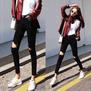 กางเกงยีนส์ทรงสลิมฟิตเอวสูงสีดำ ทรงเก๋ไก๋สำหรับผู้หญิง กางเกงขายาวทรงเดนิมทรงเข้ารูป ความยาว 9 ฟุต ฤดูใบไม้ผลิและฤดูใบไม้ร่วง