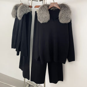 Bộ Áo Khoác Lông Thú Nữ Áo Len Dệt Kim Cổ V Phối Cổ Lông Cáo Chất Liệu Dày Dặn Mặc Thường Ngày Thích Hợp Cho Mùa Xuân Thu