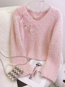 Sweet Elegant Short Thickened V-neck Womens Sweater Winter Warm Knitted Shirt Three-dimensional Flower Decoration Commute Style