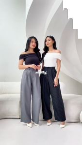 Celana Panjang Wanita Motif Stripe Kancing Depan Pinggang Karet Belt Loop Formal Kasual