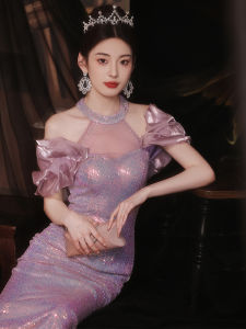 ชุดราตรีสุดหรูสำหรับผู้หญิง สีม่วง คอวี กระโปรงหางปลา ประดับเลื่อม ชุดราตรีสำหรับผู้หญิง ชุดงานเลี้ยง ชุดเดรสแฟชั่น