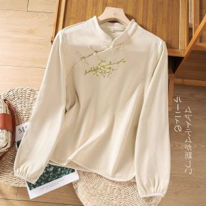 เสื้อปักแขนยาวสไตล์จีน ผู้หญิง แฟชั่นย้อนยุคติดกระดุมด้านข้าง เสื้อท่อนบน วัฒนธรรมจีนมีอิทธิพล โพลีเอสเตอร์ ผ้า