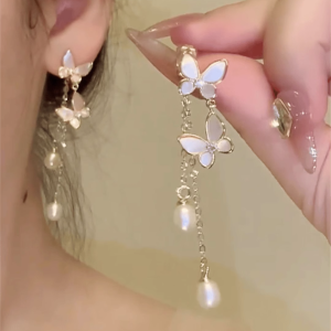 Exquisite Long Butterfly Pearl Shell Earrings for Women High-End Fashionable Trendy Alloy Gold Plated Silver Jewelry