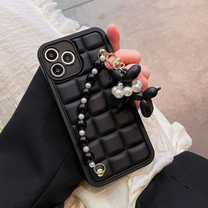 Phone Case Realme C53 C55 NFC C30s C30 C33 C35 Realme10 4G Advanced Elegant  Black Square Casing Lens Protection Shockproof Soft Silicone Back Cover  with Cute Dog Doll Pearl Bracelet