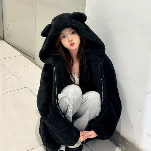 Young Style Bear Ear Hooded Fur Coat Thick Warm Eco-friendly Leather Outerwear Zipper Closure Long Sleeve Commute Style