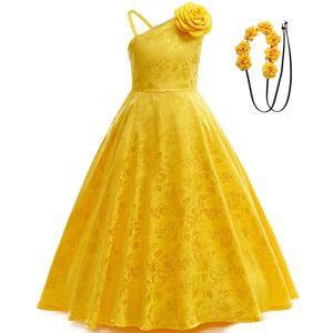 Girls Elegant Long Dress Yellow One Shoulder Embroidered Carnival Party Outfit Animation Movie Same Style Casual Dress