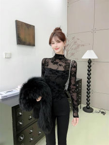 Just Kaka Womens Lace Base Shirt Half High Collar Light Maturity French Style Top Korean Version Slim Fit Winter Long Sleeve