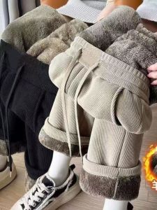 Quần Dài Ống Rộng Lót Lông Cừu Dày Cho Nam Mùa Thu Đông Quần Dài Thường Ngày Ống Thẳng Quần Dài Thoải Mái Bằng Vải Nhung