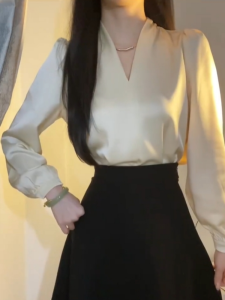 Cherry Blossom Color Satin V-neck Shirt Womens Spring Autumn High-grade Atmosphere Commute Professional Formal Interview Set Skirt