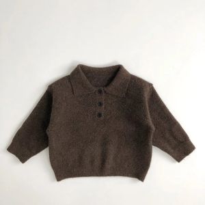 Autumn and Winter French Childrens Sweater Trendy Retro 1-6YKids Knit Turn Down Collar Sweater Solid Color Pullover Girls Outwe