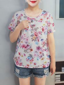Áo Thun Cotton Lụa Mùa Hè Cho Phụ Nữ Trung Niên Và Người Cao Tuổi Dáng Rộng Tay Ngắn Mỏng in Họa Tiết Hoa Cổ Tròn
