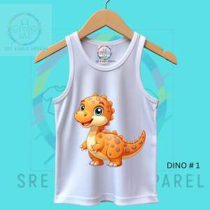 "White Sando Tank Top for Kids 1-8 Yrs – Cute Dinosaur Print | Cotton Comfort for Boys & Girls"