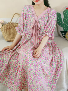 ชุดเดรสยาวคอวีพิมพ์ลายผ้าชีฟองแขนสั้นฤดูร้อนใหม่ไซส์ใหญ่ ชุดเดรสยาวสไตล์ฝรั่งเศส ชุดเดรสยาวทรงเอ ชุดเดรสยาวทรงเอ