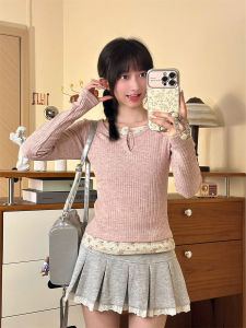 Elegant V-neck Splice Long Sleeve Knitted T-shirt Womens Base Layer Floral Print Stylish Design Casual Commute Polyester Fiber