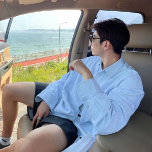 Light Blue Denim Long Sleeve Mens Shirt Autumn New Korean Style Washed Loose Coat Button Pure Color Sharp Collar All Seasons