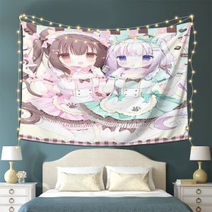 VIKAMA Nekopara Chocola & Vanilla Anime Người Giúp Việc Thảm Treo Tường Màu Hồng Kẻ Sọc Xanh Trang Trí Cho Phòng Ngủ Vải Polyester