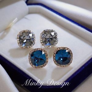 Retro Blue Square Zircon Earring Clip-Ons No Piercing Required Fashionable Non-Star Inspired Decorative Allergy-Free Silver