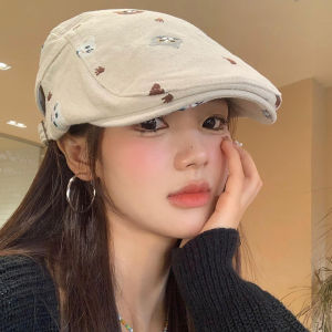 Cute Cat Embroidery Cotton Linen Womens Forward Cap Japanese Style Small Face Duckbill Hat Newsboy Cap Casual Pattern