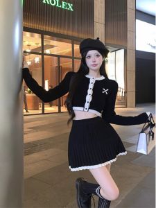 Fashionable Slim Fit Short Knitted Sweater And Pleated Skirt Set for Women Spring Autumn New Style Two Piece Set Elegant Lady Look