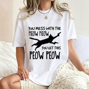 Sanrio | You Mess with The Meow Funny Cat T-shirt Men Women Summer Trendy Printed Short Sleeve Round Neck T Shirt Male Clothing Tops