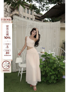 Rogos Small Curls Summer Fancy Sloping Shoulder Dress Female Seaside Vacation Style Asymmetrical Fairy Long Dress