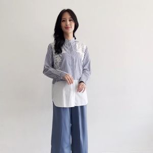 QUEENTIN Kemeja Wanita Kombinasi 0575 Katun Polymicro Motif Salur Mix Katun Bordir Lengan Panjang