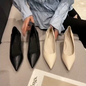LADYSFSV Korean Pointed High Heels Black Shoes for Women Stiletto Leather Heels Formal School Office Shoes