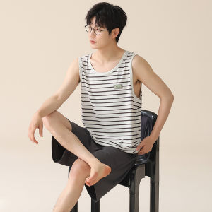 Miiow | Mens Ice Silk Sleepwear Summer New Loose Home Clothes Set Vest Style Large Size Outdoor Wearable Breathable Cool Feeling