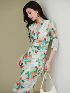 Inzhen Summer New Style Womens Dress Gentle Wind Slimming Mesh Skirt Green Flower Print Wrap around Skirt V-Neck Seven Sleeve
