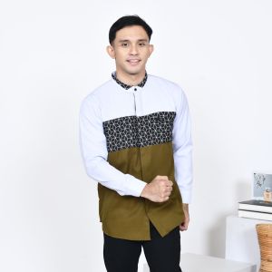 BAJU KOKO KEMEJA COUPLE ANAK AYAH (satuan) KHATULISTIWA PUTIH ARMY  KOMBINASI BATIK LENGAN PANJANG TOYOBO