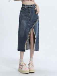 กระโปรงยีนส์ทรงเอเอวสูง กระโปรงทรงเอยาวปานกลาง ดีไซน์ปลายแหลม ไม่สมมาตร สำหรับผู้หญิง สไตล์ย้อนยุค ฤดูร้อน 2025