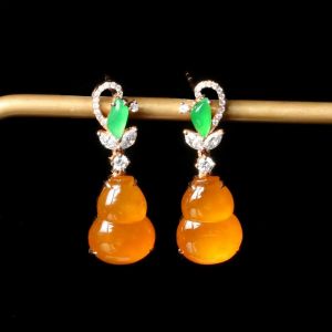 Natural High Ice Yushu Jade Icy Yellow Gourd Earrings Silver Inlaid Diamond