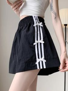 Black Stripe Quick Dry Summer Casual Sports Shorts Women plus Size Butterfly Knot Straight Leg High Waist Flattering Shorts