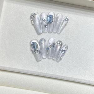 Handmade Long Cat Eye Blue Diamond Sparkling Star River Luxury False Nails Transparent Wearable Nail Art Tools Gentle Color Series