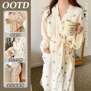 Women Bathrobe Lady Spring Autumn Long Sleeve V-neck Pajamas Girl Student Long Bathrobe Belt Elegant Homewear Pajamas Bathrobe