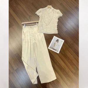 Elegant New Chinese Style Womens Fashion Set Summer Lace Top Wide Leg Pants Two Piece Suit Quality Lady Gentlewoman Trendy