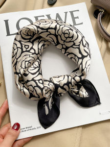 Black White Camellia Silk Scarf Small Square Tie Womens Spring Autumn Pure Silk Shantou Silk Scarf Necktie Floral Print