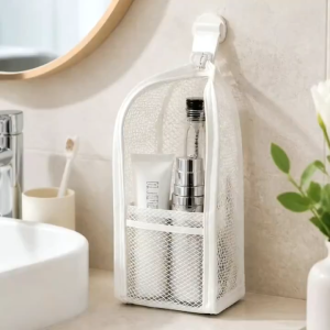 Portable Mesh Toiletry Organizer Bag Lightweight Cosmetic Makeup Pouch Multi‑Compartment Zipper Storage Bag for Travel Luggage