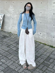 เสื้อยืดผู้หญิงแขนยาวทรงสลิมฟิตสีน้ำเงิน ทรงเข้ารูป ปกป้องแสงแดด สไตล์เรียบง่าย เหมาะกับทุกฤดูกาล แฟชั่นสำหรับผู้หญิง