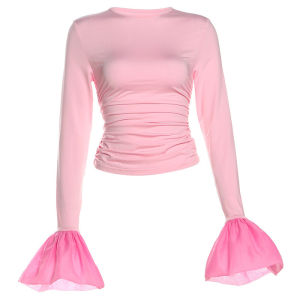 Áo Thun Nữ Cổ Tròn Xếp Ly Tay Dài Thường Ngày Mùa Đông Dáng Ôm Tay Phồng Màu Trơn Chất Liệu Polyester