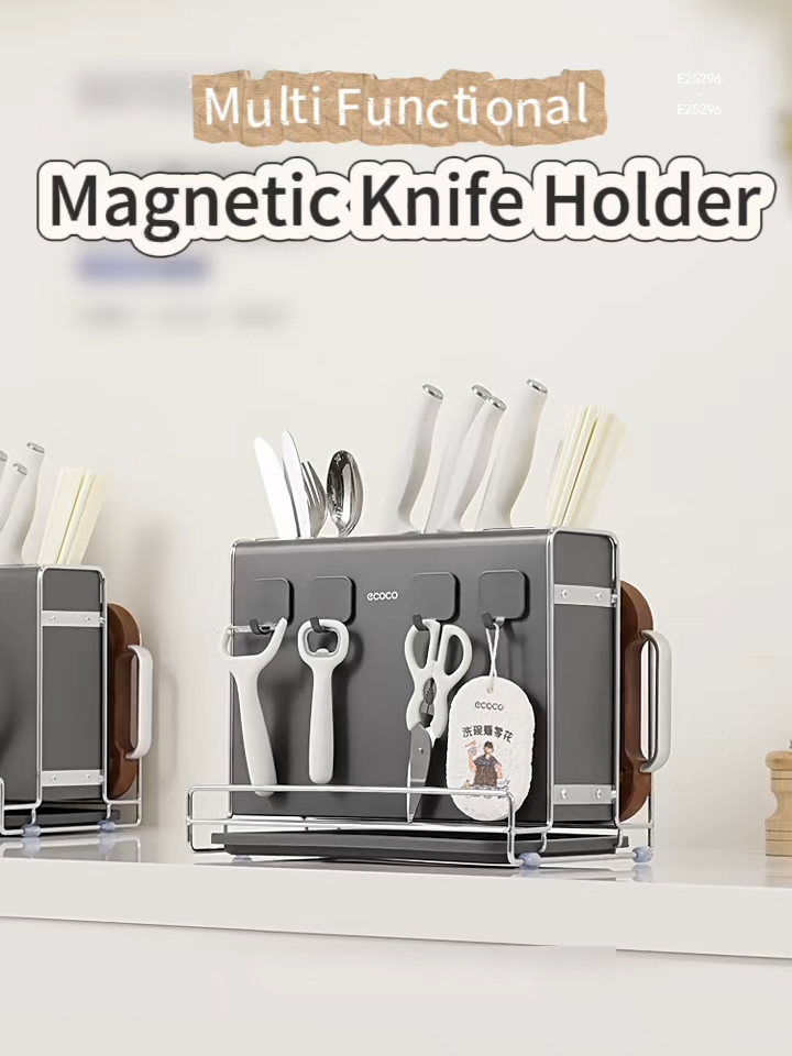 Ecoco Knife Holder Carbon Steel Magnetic With Spoon Slot Kitchen Utensil Rack Easy Drain