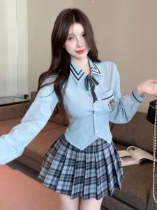 GUZILIAN | American College Style Uniform Set Irregular Long Sleeve Plaid JK Pleated Mini Skirt Two Piece Set Polo Collar Spring Fashion