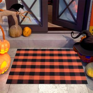 VIKAMA Halloween Welcome Doormat Buffalo Plaid Pumpkin Non‑Slip Indoor Outdoor Entrance Front Door Floor Mat Home Decor