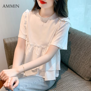 AMMIN summer new simple pullover round neck short sleeve fashion peplum stitching solid color chiffon T-shirt womens Korean version style sweet peplum blouse with white elegant blouse